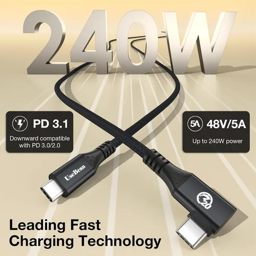 Vista 2 de Cable USB C de ángulo recto de 1 pie, 12 pulgadas 240 W corto USBC a USBC Negro