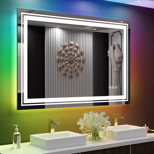 Vista 2 de Snowdool - Espejo LED para baño de 48 x 32 pulgadas con 8 luces RGB retroiluminadas + 3 luces frontales (ajustables individualmente)