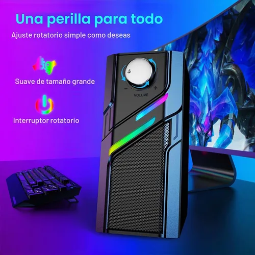 Vista 3 de LENRUE Altavoces de computadora para PC de escritorio con botón fácil, sonido claro y potente, luces táctiles, plug and play para computadora