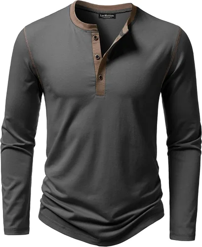 Vista 9 de LucMatton Camiseta de manga larga para hombre, ajuste entallado, elástica, estilo Henley, casual, con solapa de 3 botones