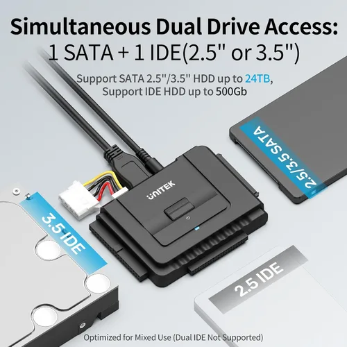 Vista 2 de Kit de adaptador de disco duro externo conversor de Unitek USB C a IDE y SATA para discos duros/SSD de 2.5/3.5 pulgadas universales, función