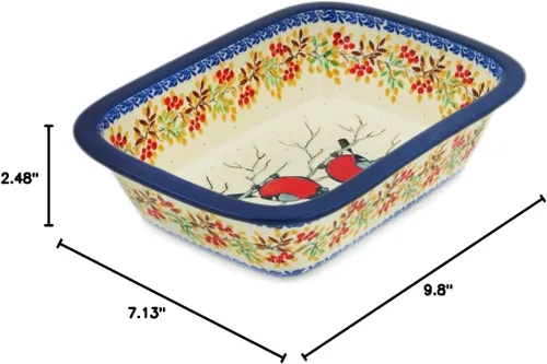 Vista 8 de Auténtica cerámica polaca rectangular Baker Signature UNIKAT en camachuelo en serbal diseño hecho a mano en Bolesławiec Polonia por Ceramika