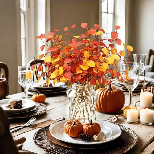 Vista 8 de Beferr Decoración de tallos de eucalipto de otoño, 5 piezas de ramas de eucalipto artificiales de 23 pulgadas, hojas de otoño, arreglos florales