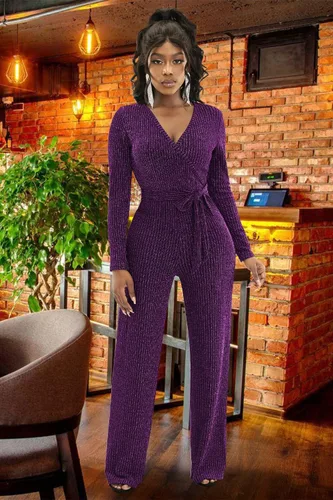 Vista 9 de LightlyKiss Women Casual V Neck Sparkly Jumpsuits Long Sleeve Onesie Loose Pants Party Clubwear with Belt