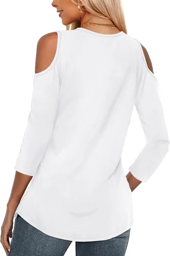 Vista 2 de Amoretu Camisas de manga larga para mujer, con hombros descubiertos, cuello en V, túnica