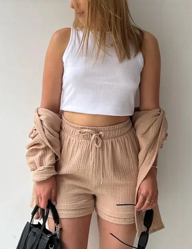 Vista 6 de Arssm Conjunto de camisa de manga larga con botones y pantalones cortos para mujer, conjunto de camisa de primavera