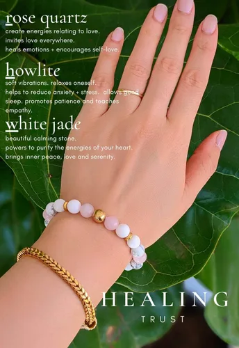 Vista 3 de Confianza curativa Pulsera de cuarzo rosa para mujer auténtico cristal de cuarzo rosa jade blanco howlita blanca hematita feliz pulsera