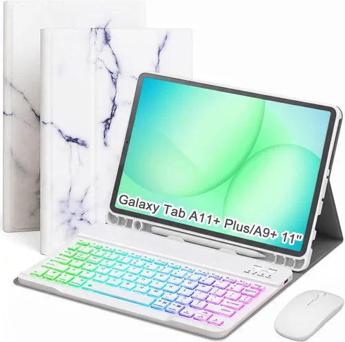 Vista 10 de Funda de teclado para tableta Samsung Galaxy Tab A11 Plus de 11 pulgadas 2025 / A9+ Plus 2023, teclado y mouse inalámbricos con retroiluminación