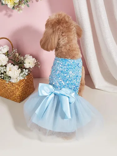 Vista 3 de QWINEE Vestido de perro con decoración de lazo, lindo vestido de cachorro, falda tutú, vestido de princesa para gato, vestido de verano para fiesta