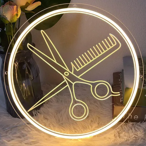 Vista 3 de Letrero de neón de tijeras para decoración de pared, diseño de talla artística 3D, para interiores, dormitorio, letreros de neón LED, telón