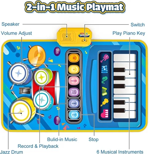 Vista 4 de Juguetes para bebés para niños de 1 año, niño niña, 2 en 1 alfombra musical de piano y tambor para niños pequeños de 1 a 3, alfombra de aprendizaje