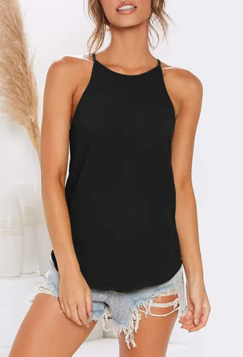 Vista 3 de OYANUS Camisetas sin mangas para mujer, de verano, para la playa, cuello halter, casuales, básicas, sueltas, tipo túnica, camisetas sin mangas