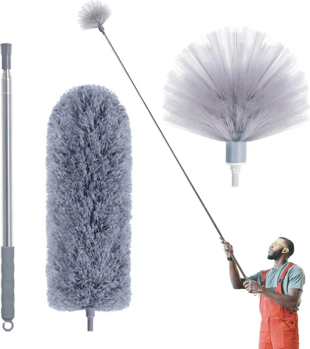 Vista 7 de IVYROLL Plumero con poste de extensión para limpieza (kit de 2 cabezales de microfibra), plumero de plumas de 100 pulgadas de largo para techos