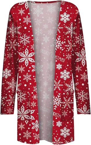 Vista 3 de ZEFOTIM Cárdigan de Navidad para mujer 2024, casual, ligero, frente abierto, cárdigan largo, divertido copo de nieve, estampado de Papá Noel, tops