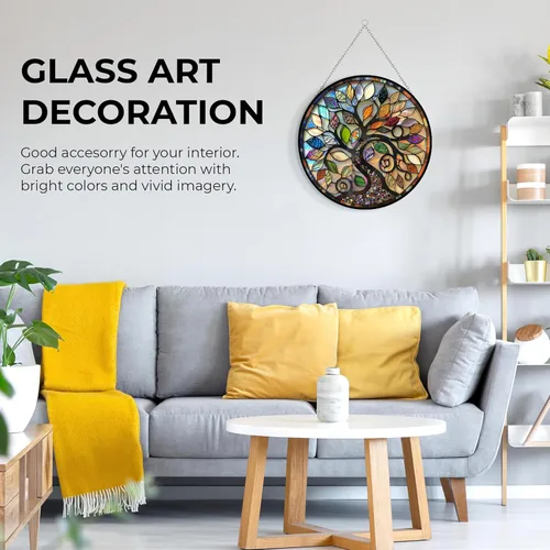 Vista 5 de Atrapasol de vidrio emplomado bohemio con diseño de árbol de la vida para 4 estaciones, colorido adorno de pared de ventana pintado a mano, regalo