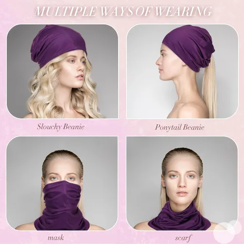 Vista 5 de SATINIOR Gorro holgado para mujer, 5 piezas, gorro de quimioterapia, elástico para el cáncer, bufanda para dormir para pacientes con cáncer