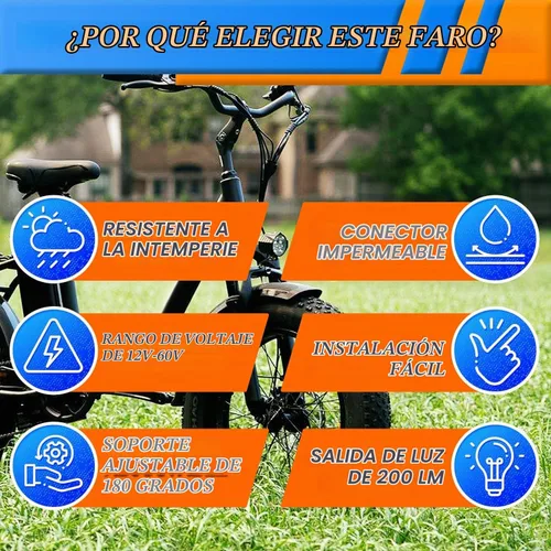 Vista 7 de Faro delantero para bicicleta eléctrica de 48 V, 36 V, compatible con 12 V-60 V, conector impermeable de 2 pines