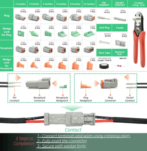 Vista 2 de Kit de conectores Deutsch DT de 482 piezas, 2 3 4 6 8 12 pines impermeables para conectores eléctricos automotrices, incluye herramienta de crimpado
