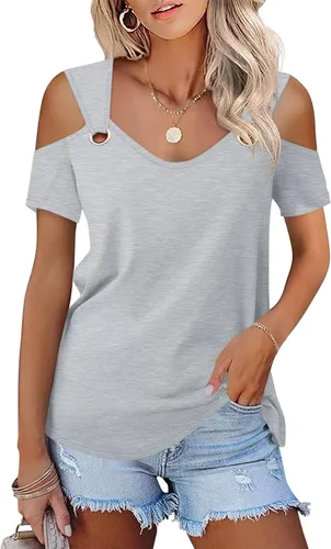 Vista 7 de Minetom - Camisetas básicas de verano para mujer, de manga corta, con hombros descubiertos y cuello en V