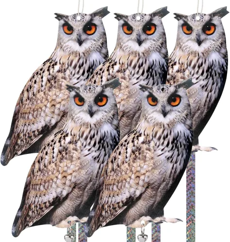 Vista 10 de Búho para mantener alejados a los pájaros, paquete de 3 búhos espantapájaros búho falso, decoración colgante reflectante para ahuyentar pájaros