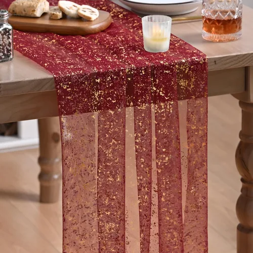 Vista 13 de Artoid Mode Camino de mesa de gasa color beige dorado de 120 pulgadas, 10 pies, lámina metálica con purpurina transparente para comedor, boda
