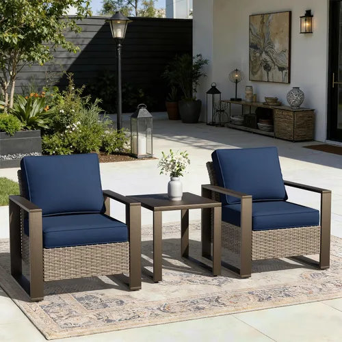 Vista 30 de Joyside - Sofá de mimbre para patio al aire libre, sofá de ratán de 3 plazas con cojines gruesos de olefina y reposabrazos rectangular con marco