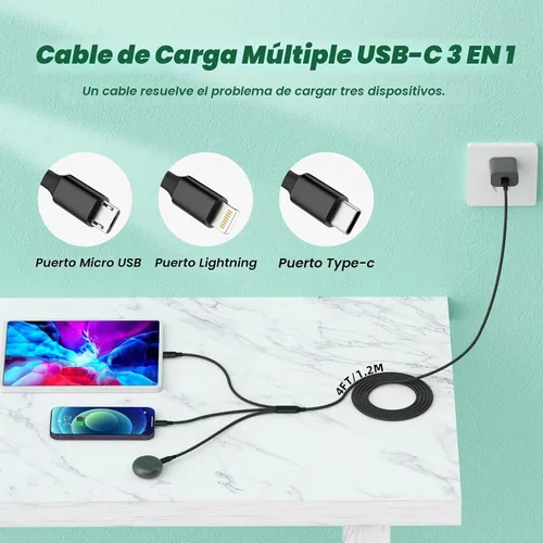 Vista 2 de Travel Vacation Essentials Cable de Carga Múltiple USB C, Paquete de 2 Cables de Carga 3 en 1 de Nailon de 4 Pies para Múltiples Dispositivos