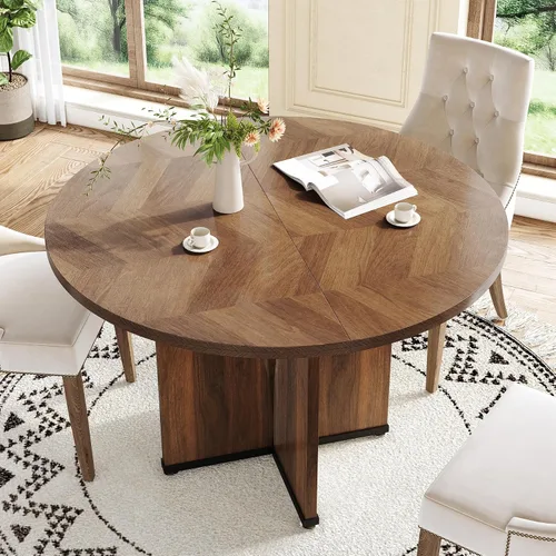 Vista 7 de LITTLE TREE Mesa de comedor redonda de 39 pulgadas para 4, mesa de cocina rústica con pedestal estable en forma de X, mesa de comedor