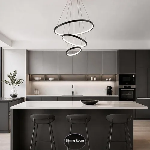 Vista 6 de LightInTheBox Lámpara colgante de 3 anillos para sala de estar, comedor, luz de techo moderna, diseño de círculo, 20+40+23.6 in, color = negro