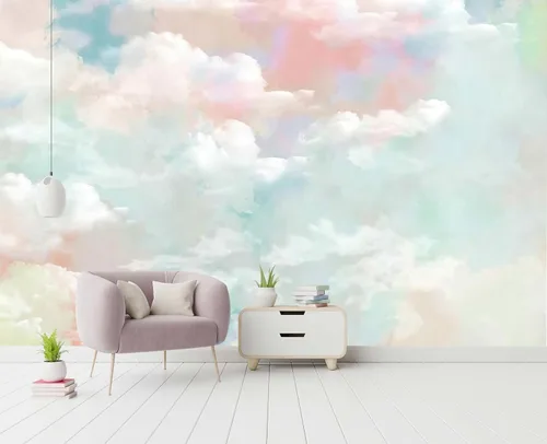 Vista 2 de Mural de pared - Papel tapiz 3D, nubes rosas, 103 x 69 pulgadas (no autoadhesivo)