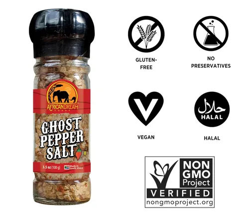 Vista 3 de African Dream Foods - Sal picante de pimienta fantasma Sal de chile totalmente natural Fabricado con pimientos fantasma africanos 3.5 onzas