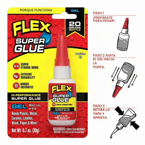 Vista 2 de Flex Super Glue Gel, botella de 20 gramos, paquete de 1, transparente, unión instantánea, secado rápido, adhesivo de cianocrilato, punta