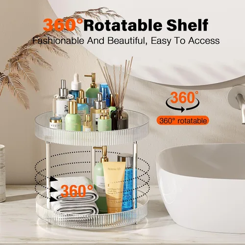 Vista 2 de Bandeja de almacenamiento giratoria transparente de 360°, organizador de encimera de baño Lazy Susan de 2 niveles, organizador de cosméticos