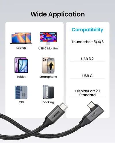 Vista 6 de Silkland Cable USB 4 de ángulo recto de 80Gbps para Thunderbolt 5, 1FT, ancho de banda de 120Gbps para 16K/Doble 8K, 240W, cable de video USB C