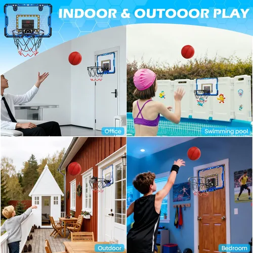 Vista 3 de Indoor Basketball Hoop for Kids, Over The Door Mini Basketball Hoop Set with LED Lights, Scoreboard, 4 Balls & Sound Effects - Indoor Toys Gift for