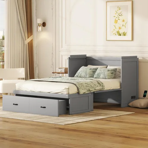 Vista 10 de Baúl móvil Murphy de tamaño Queen con módulo USB integrado de doble alimentación/USB, armario moderno y tradicional de madera maciza con cajón Gris-A