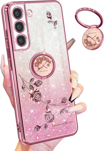 Vista 12 de Funda 3 en 1 para teléfono Samsung Galaxy A03S con purpurina brillante para mujeres y niñas, cubierta brillante con bonito diseño floral de flores