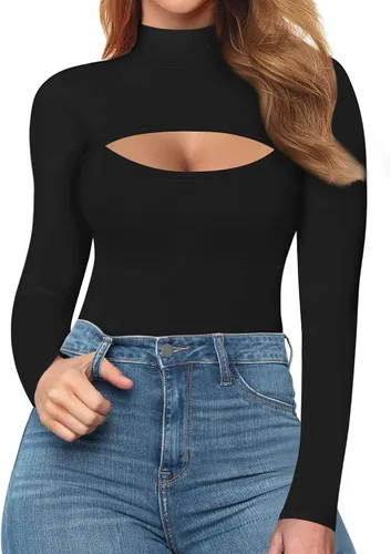 Vista 2 de MANGOPOP - Camiseta sexy de cuello alto sin mangas y manga larga para mujer
