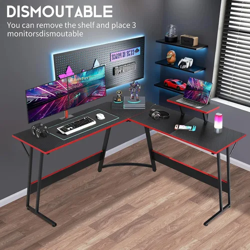 Vista 8 de Escritorio para juegos en forma de L con gran escritorio y espacio de almacenamiento, ideal para estudiar, trabajar y jugar, patas ajustables e Negro