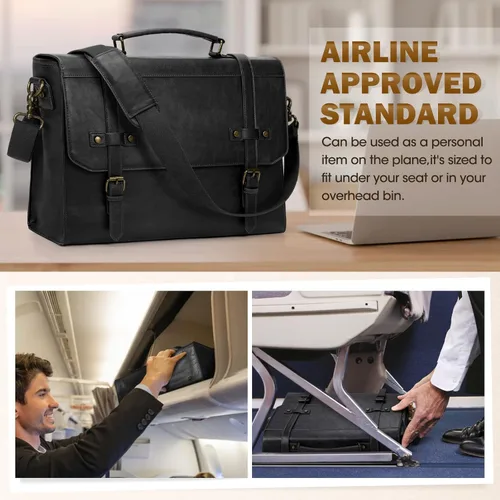 Vista 6 de RAINSMORE Bolsa de mensajero para hombre de 17 pulgadas, impermeable, de piel vintage, maletín para laptop, bolsa grande para laptop, cartera, bolsa