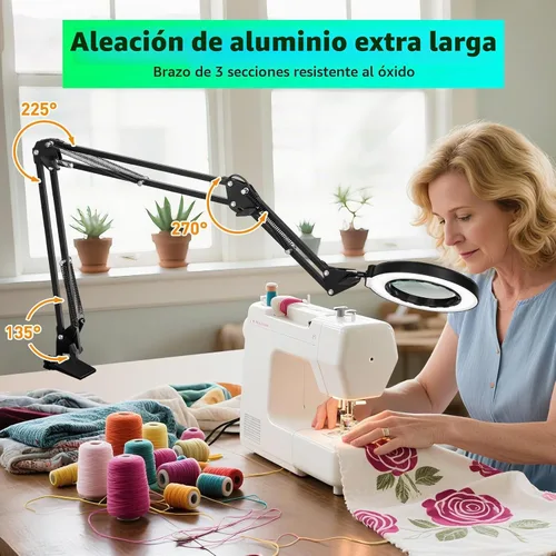 Vista 9 de Lupa ultra larga de 3 secciones con brazo de 3 secciones con luz y soporte, lupa iluminada LED con manos que ayudan Lámpara de escritorio