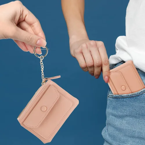 Vista 7 de Monedero, mini monedero con llavero y cierre de cremallera para hombres y mujeres, bolso de moda, llavero colgante de cuero clásico, Rosado, Monedero