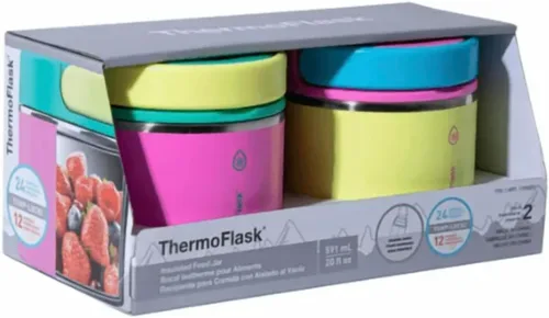 Vista 2 de ThermoFlask 20 oz Insulated Food Jar, 2-Pack, Pink and Blue, Hot 12 Hours Cold 24 Hours (Pink and Yellow)