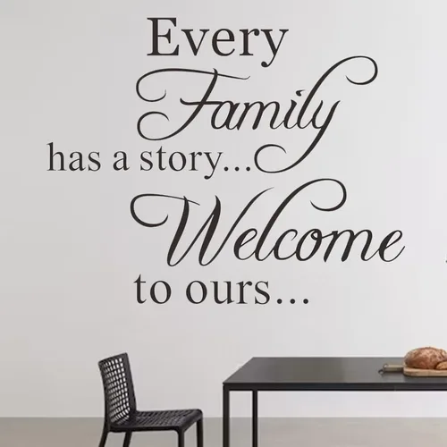 Vista 3 de Vinilo decorativo para pared con texto en inglés «Every Family Has a Story» con frase «Welcome to ours»
