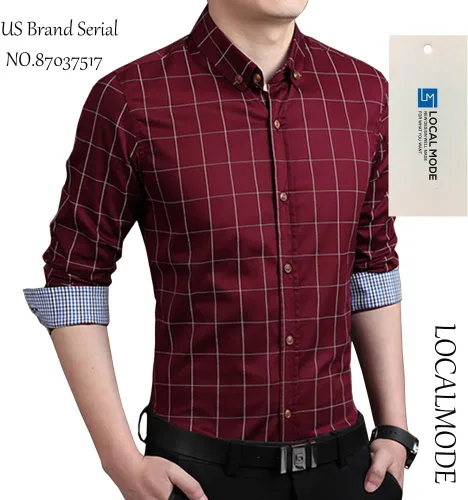 Vista 2 de LOCALMODE Camisa de vestir de manga larga 100% algodón para hombre, ajuste delgado, con botones