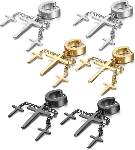 Vista 2 de 3 pares de aretes colgantes de doble cruz colgante para hombres y mujeres, aretes colgantes de cruces de acero inoxidable