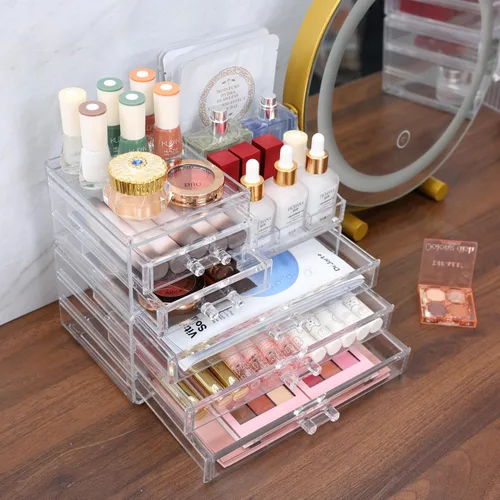 Vista 9 de Organizadores de maquillaje acrílicos transparentes y almacenamiento para tocador, organizador de cuidado de la piel para baño con 5 cajones