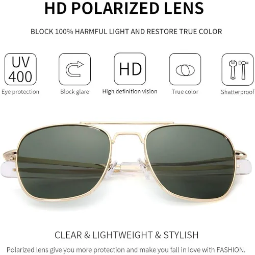 Vista 3 de Mens Aviator Sunglasses Polarized 55mm Pilot Military Square Shades with Bayonet Temples
