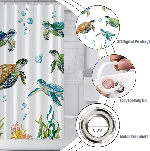 Vista 5 de Cortina de ducha de tortuga marina para baño, cortina decorativa costera de baño, 72 x 72 pulgadas, tela de poliéster, cortinas de baño impermeables