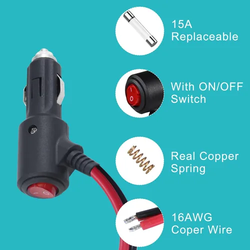 Vista 6 de SPARKING - Enchufe macho de repuesto para encendedor de cigarrillos de 12 V con interruptor de encendido y apagado - 1 pie, enchufe macho de 12 V